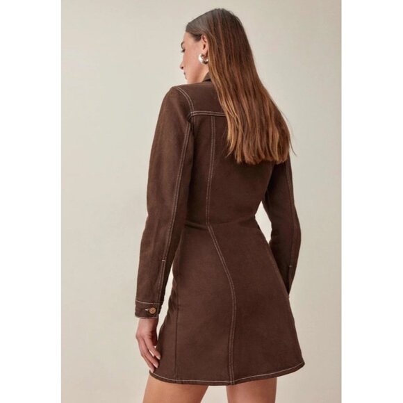 NWT Reformation Newman Brown Denim Button Front Mini Dress Long Sleeve Size 12 - Picture 3 of 13